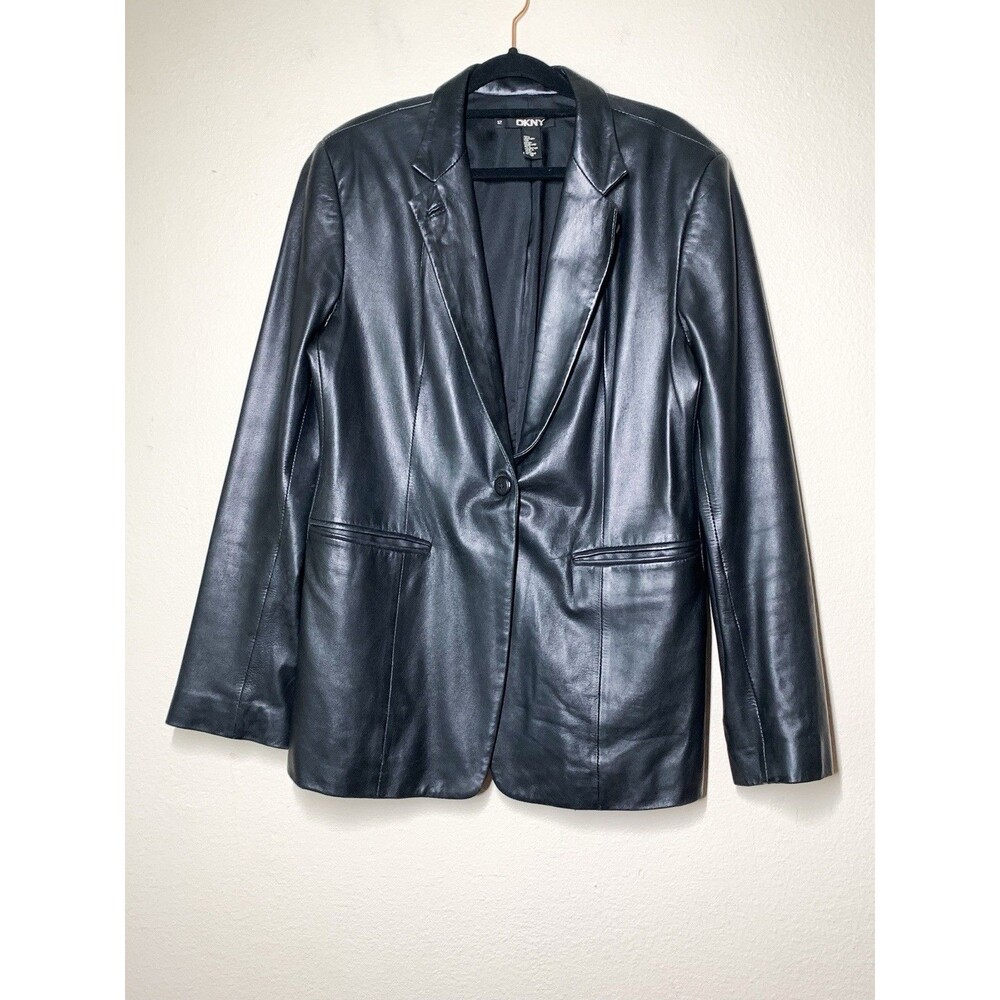 Vintage DKNY y2k Leather Blazer Jacket Women's 12 Pockets Midlength 90s